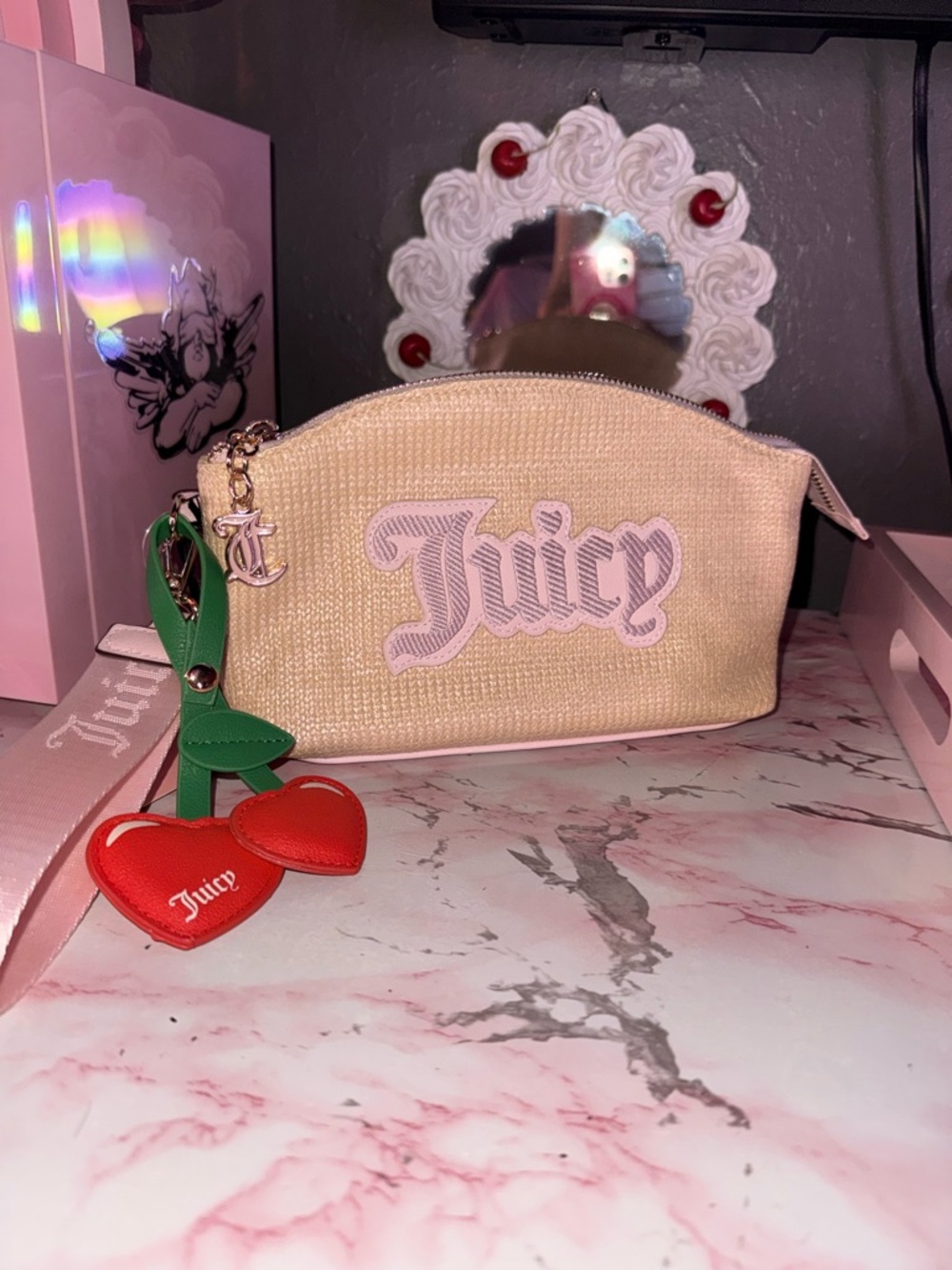Juicy Couture Cream Cosmetic Pouch with Red Cherry Charm & Wristlet